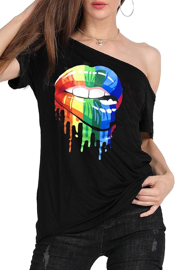 MAGICMK Women’s Short Lips Print Causal Off The Shoulder Plus Size T-Shirt Tops