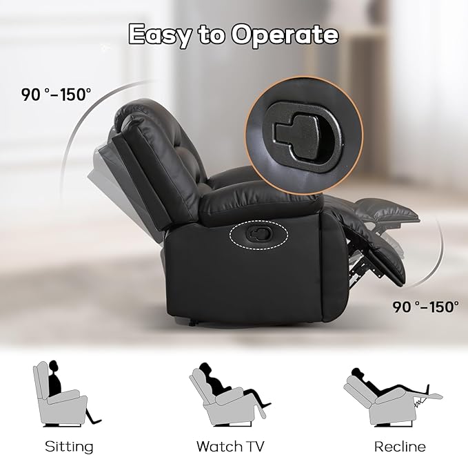 EBELLO Faux Leather Manual Recliner Chair, Single Reclining Sofa Chair Couch with 2 Concealed Cup Holders, Overstuffed Armrest Backrest for Living Room, Bedroom, Meeting Room, Black
