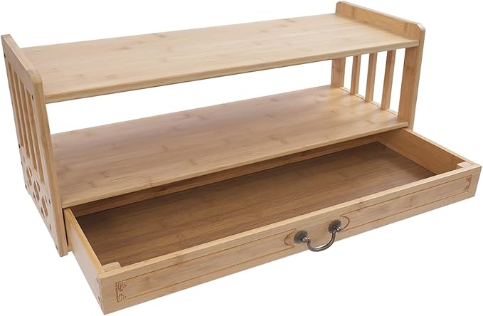 Low 3-Tier Meditation Table with Drawer,Bamboo Altar Tables,Puja Desks,Tatami Desk,27.2”W,Wood Color