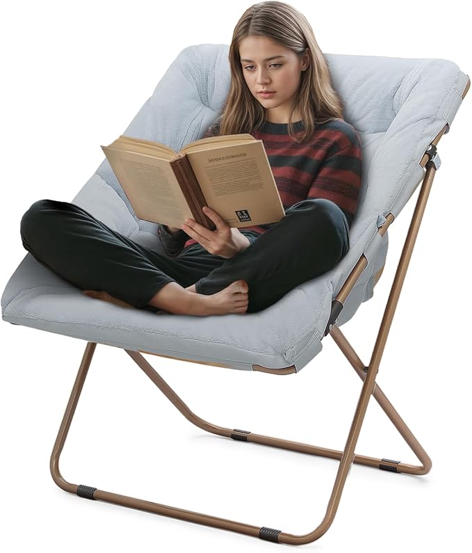 Athena Collection Saucer Chair for Adult, Square Comfy Cozy Chair Folding Chair Faux Fur Metal Frame Foldable Reading Chair Accent Chair for Bed Room Living Room, Blue