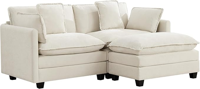 UMBFUN Cloud Couch Loveseat with Ottoman, Oversized Comfy Modular Sectional L Shaped Sofa with Deep Seat Cushions, Chenille 2-Seater Lounge Set for Living Room, Beige