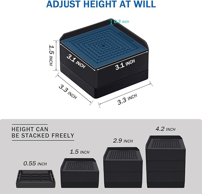 ANNKUT Bed Risers 1.5 inch Heavy Duty, Furniture Risers for Bed Sofa Table and Couch Lifting，Square Adjustable Risers Blocks, Support Up to 1,300 Lbs (4 Pack-Black)