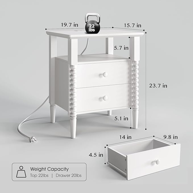 White Nightstand, Vintage Night Stand with Charging Station, Bedside Table with Drawers, End Table with Solid Wood Legs, Bed Side Tables for Bedroom, White