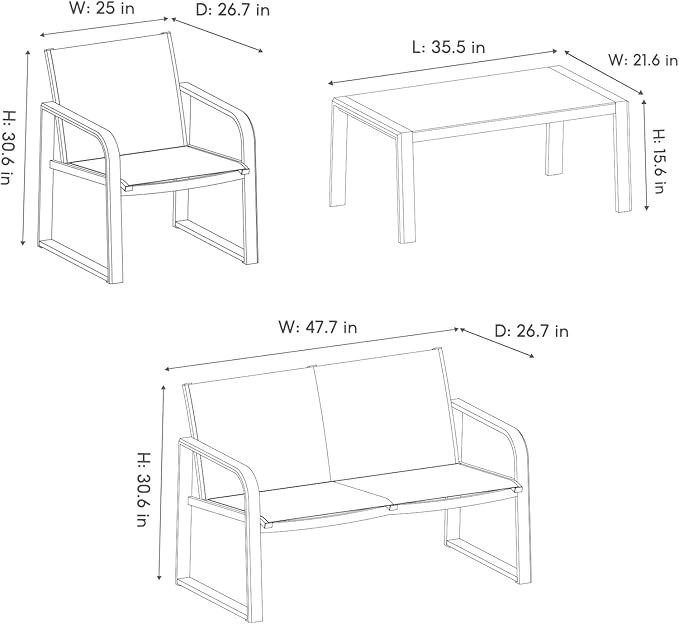 Litpony Aluminum Outdoor Patio Conversation Set, 4 Pieces Patio Furniture Sets with Breathable Textilene with Loveseat,Table and Chairs for Yard,Balcony,Grey