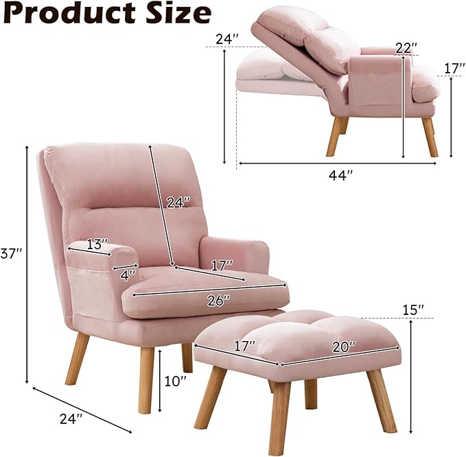 IOMOR Accent Chair with Ottoman Comfy Reading Chair Armchair with Adjustable Backrest and Side Pockets Soft Fabric Leisure Sofa for Bedroom, Living Room, Dorm Rooms, Garden, Pink