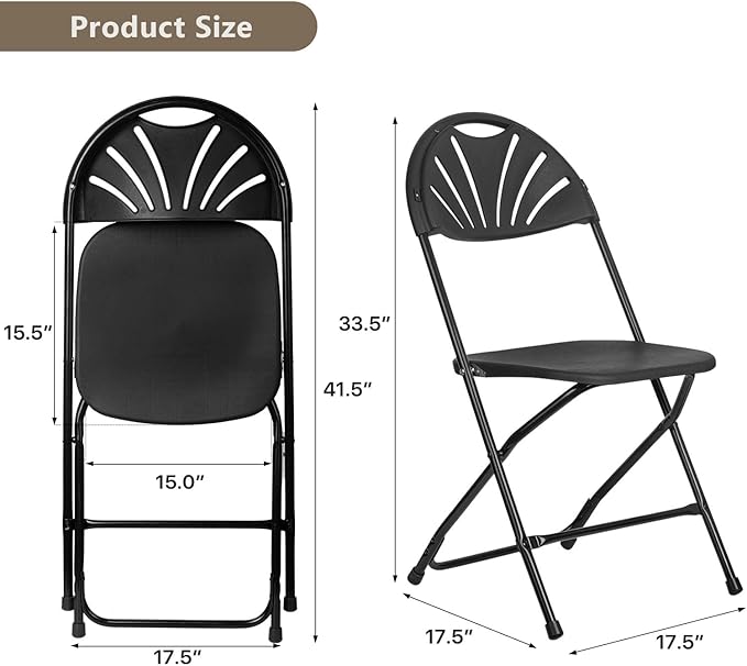 Folding Chairs 10 Pack, Heavy-Duty Plastic Foldable Chairs with Sturdy Metal Frame, 350 lbs Capacity, Fashion Stackable Portable for Weddings, Parties, Office, Indoor, Outdoor Events, Black