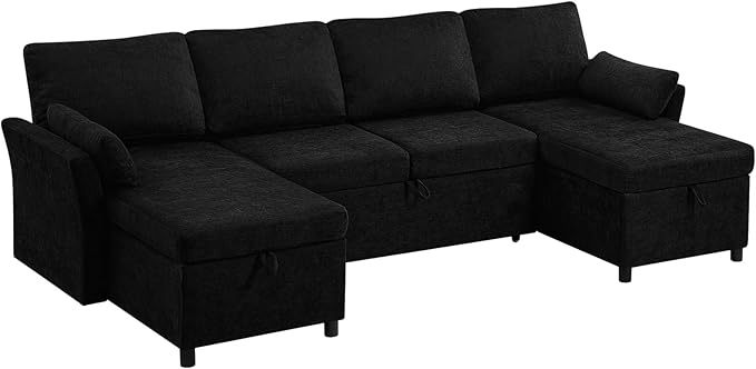 ACMEASE 107 Inches Fabric Sectional Sofa with Pull Out Sofa Bed, Modern U Shaped Sofa with Throw Pillows, Comfortable Sleeper Couch with Storage Chaise for Living Room, Black