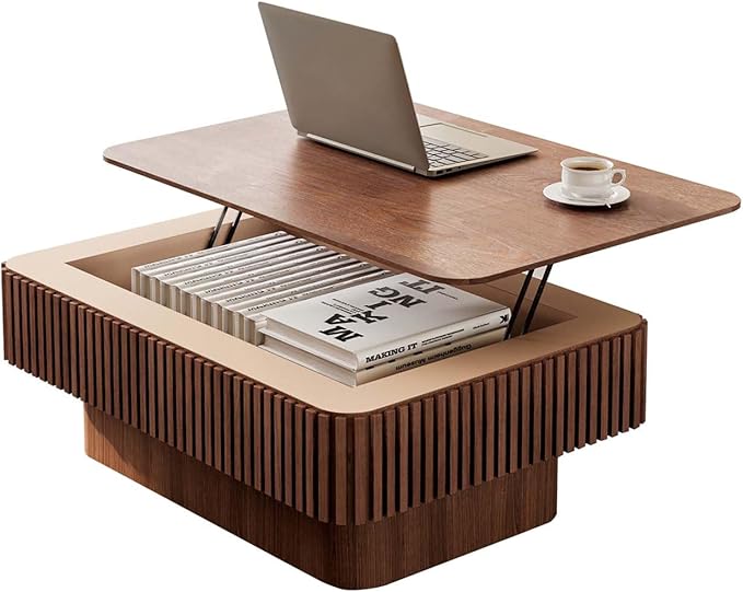 FGXJY Lift Coffee Table with Storage & Adjustable Height, Solid Wood Coffee Table Fluted Center Table Accent Tea Table or Living Room, Apartment, Office (38.6" Walnut)