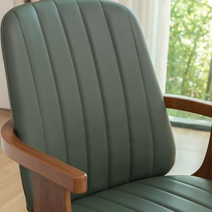 WUPOTO MCM Dining Chairs, Set of 2 Mid Century Modern Chairs with Walnut Craftsmanship, Upholstered Faux Leather, Wooden Arms and Legs, Faux Leather Dining Chairs for Kitchen/Living Room - Green