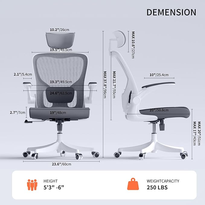 Office Chair Ergonomic Desk Chair with Lumbar Support&Headrest&Flip-up Arms Height Adjustable Rocking Swivel High Computer Chair Multi-Angle from 90° to 130° with 350LBS Capacity (02White+Grey)
