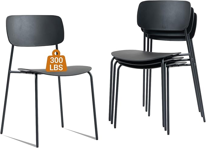 Sidanli Stackable Chairs Set of 4, Waiting Room Chairs with Metal Legs and Ergonomic Plastic Seat, Stacking Office Chairs for Conference Reception Church Banquet, Black