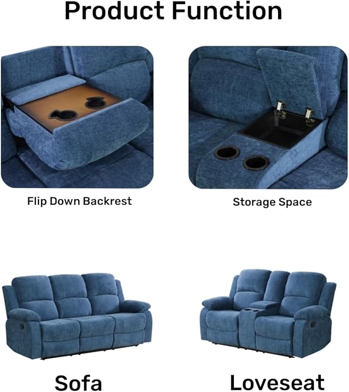 AYCP Bonded Leather Living Room Furniture Set Reclining Sofa Set Loveseat Furniture Sets in Living Room Sofa Recliners (3 Pieces, Blue Microfiber)