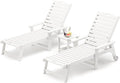 LUE BONA Chaise Lounge Chair with Table, 3-Piece, HDPS Chaise Lounger, 5 Positions Adjustable Lounge Chairs, Pool Lounge Chair with Wheels for Poolside, Backyard, White