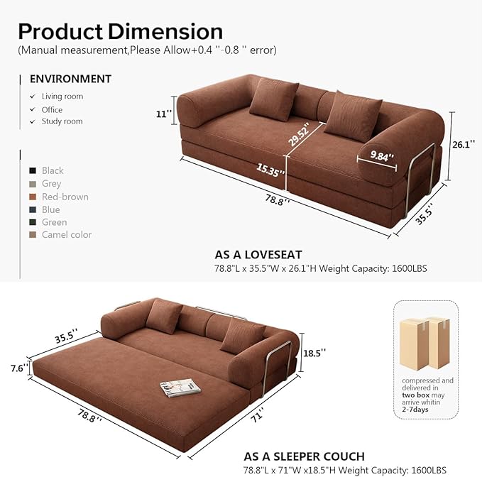 YUODL 78.8" Modular Sofa Bed - 4-in-1 Convertible Design with Corduroy Fabric and High Density Sponge, Removable Cover and Fixed Frame