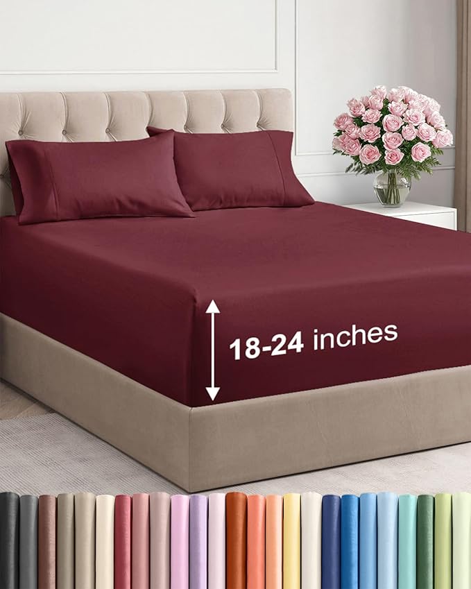 Extra Deep Pocket Cal King Sheets - 4 Piece Breathable & Cooling Bed Sheets - Hotel Luxury Bed Sheet Set - Soft, Wrinkle Free & Comfy - Easily Fits Extra Deep Mattresses - Deep Pocket Burgundy Sheets