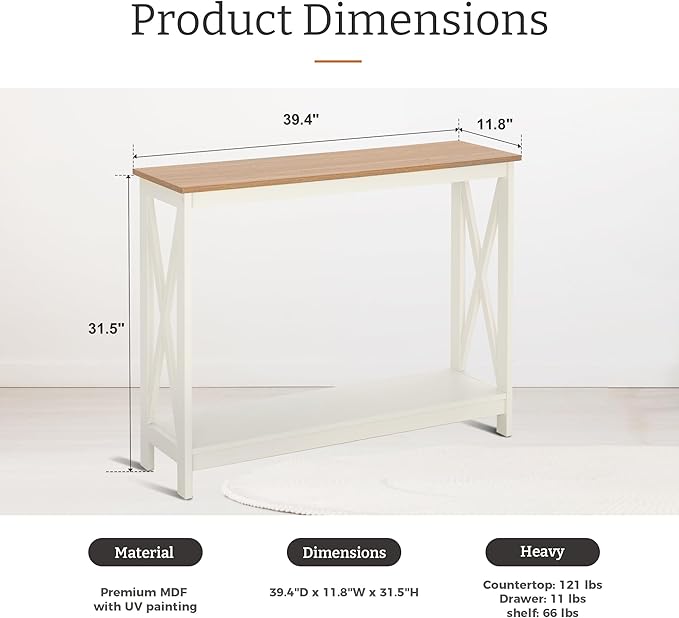 GREEN PARTY Vintage Farmhouse Entryway Console Table, 2-Tier Narrow Sofa Table with Storage Shelf for Living Room and Hallway, Rustic Accent Furniture with Sturdy X-Shaped Legs, Ivory White