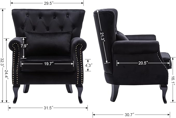 DM Furniture Set of 2 Mid-Century Modern Accent Chair, Velvet Armchair w/Tufted Back/Wood Legs, Upholstered Lounge Arm Chair Single Sofa for Living Room Bedroom, Black