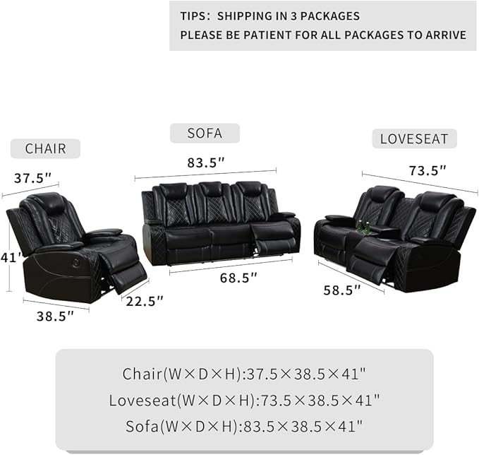 Dekmxas 2 Pieces Living Room Furniture Sets, Power Recliner Sofa Set, Black Leather Power Reclining Sectional Sofa Couch Set with 3 Recliner Seats with Storage Console/Cup Holders for Home Theater/RV