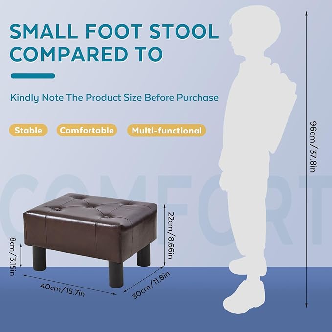 FIMIVIBI Small Foot Stool Ottoman, Faux Leather Footstool Ottoman Foot Rest for Couch, Rectangle Footstools and Ottomans Small for Living Room, Entryway and Bedroom (Brown)