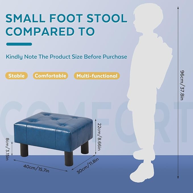 FIMIVIBI Small Foot Stool Ottoman, Faux Leather Footstool Ottoman Foot Rest for Couch, Rectangle Footstools and Ottomans Small for Living Room, Entryway and Bedroom (Blue)