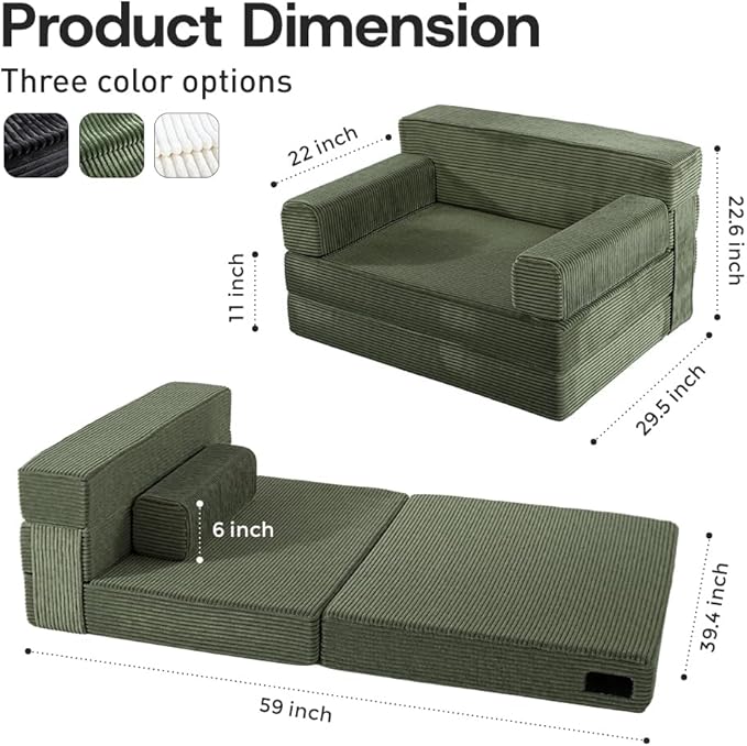 Folding Sofa Bed,Convertible Sofa Bed with Armrest Foldable Sleeper Chair, Portable Folding 4-in-1 Floor Sofa with Convertible Lounge Chair for Living Room,Bedroom,Washable Cover,Green Single