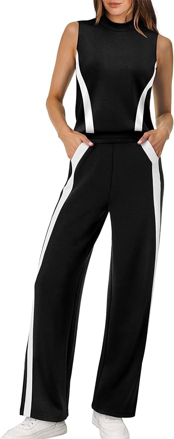 XIEERDUO Two Piece Sets for Women Summer Outfits Travel Mock Neck Lounge Sets Wide Leg Pants Beach Vacation Clothes