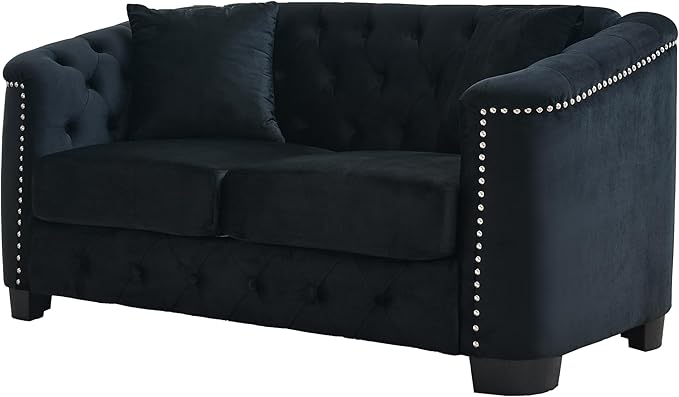 mikibama Modern Chesterfield Velvet Loveseat Sofa, 59 Inch Sectional Sofa, Luxury 2 Seater Upholstered Tufted Couch with Nailhead Arms and 2 Pillows for Living Room, Bedroom, Apartment(Black)