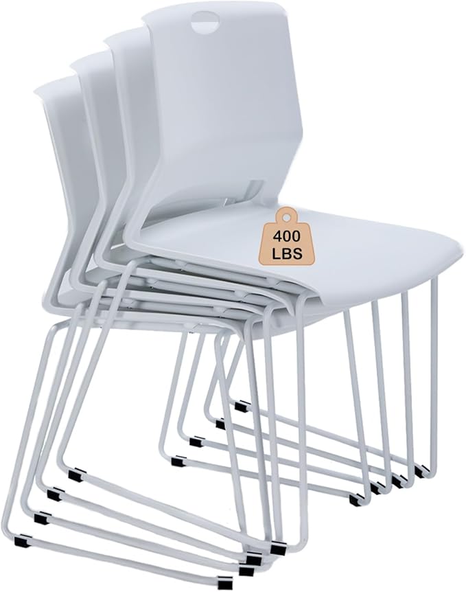 White Stacking Chairs Set of 4, Modern Stackable Office Chairs with Wide Plastic Seat & Metal Sled Base for Waiting Room Break Room Conference Church Banquet Lobby