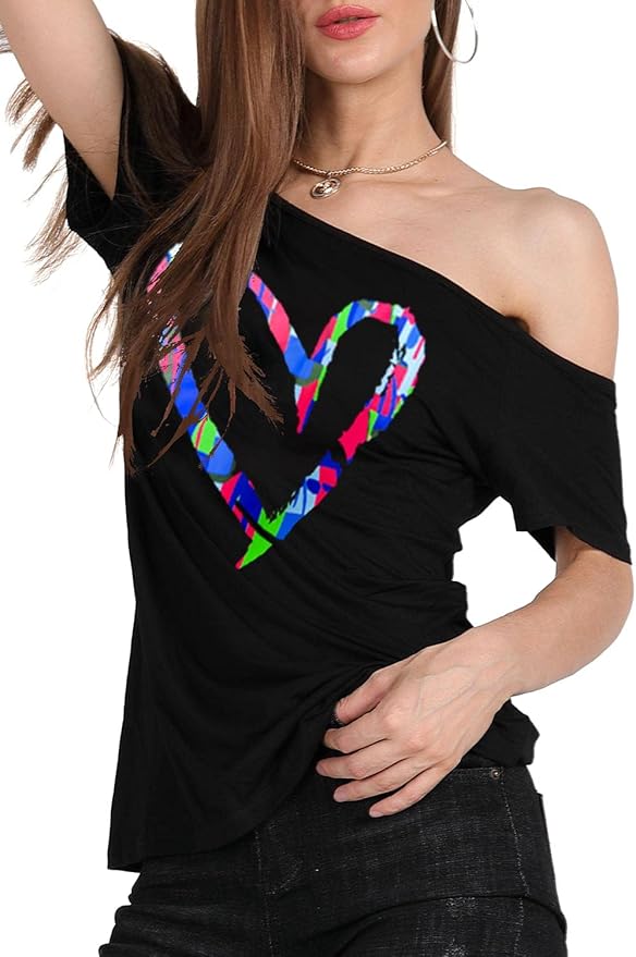 MAGICMK Women’s Short Lips Print Causal Off The Shoulder Plus Size T-Shirt Tops