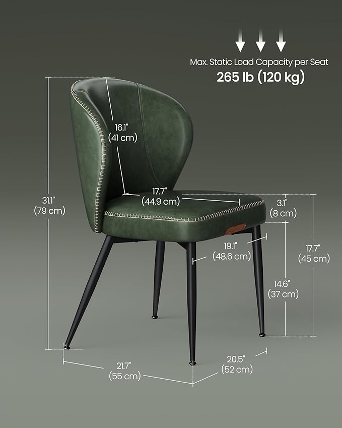 VASAGLE EKHO Collection - Dining Chairs Set of 2, Upholstered Kitchen Chairs, Comfortable Seat, Synthetic Leather with Stitching, Mid-Century Modern, Easy Assembly, Living Room Lounge, Forest Green