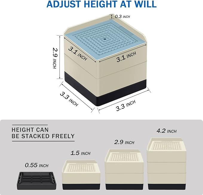 ANNKUT Bed Risers 3 inch Heavy Duty,Furniture Risers for Desk Table Sofa Couch Lifts to 1.5 or 3 inch, Square Adjustable Risers Blocks, Support Up to 1,300 Lbs（4 Pack-Black）