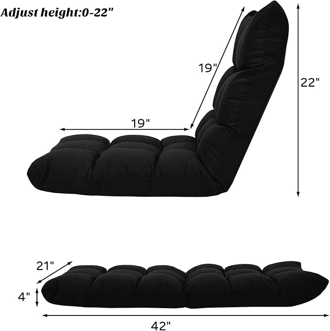 Giantex Adjustable Floor Gaming Sofa Chair 14-Position Cushioned Folding Lazy Recliner High Resilience Sponge, Breathable Cotton & Linen Fabric Sleeper Bed Couch Recliner with Removable Cover (Black)