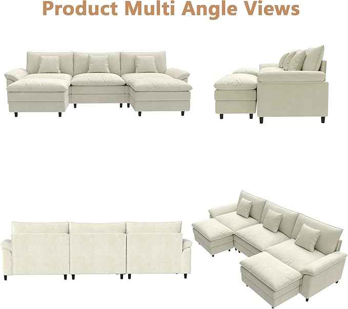 Aoowow Modular Sectional Sofa Modern Convertible U Shaped Couch,118.9 Inch Deep 3-Seater Sofas Set Comfy Chenille Cloud Sofas and Couches with Movable Ottoman for Living Room Apartment(Beige)
