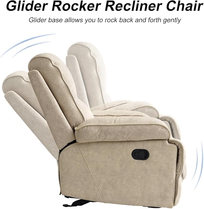 KeyEnergy Manual Rocker Recliner Chair for Adults, High Back Glider with Deep Seat, Upholstered Fabric Armchair for Living Room & Nursery, Flaxen