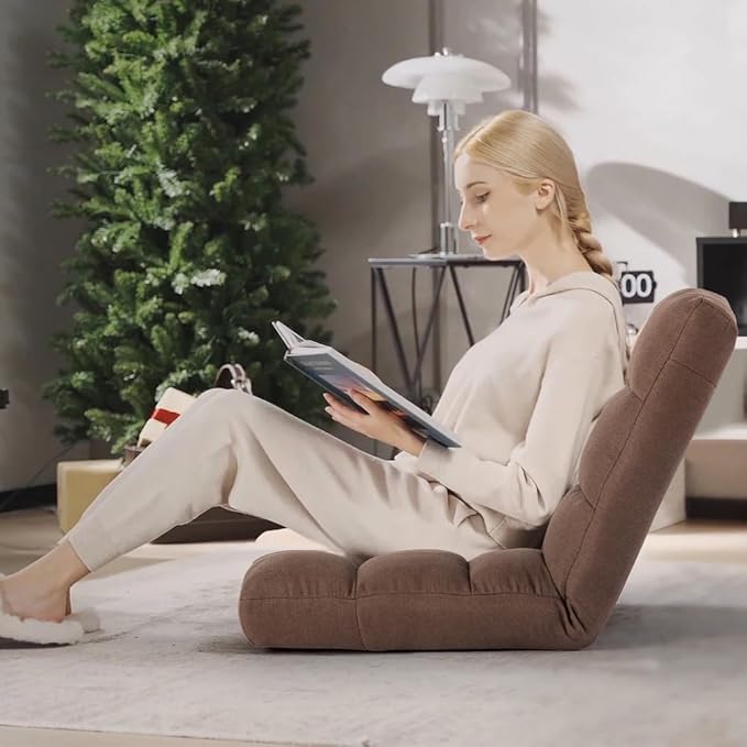Folding Floor Chair with Back Support, Adjust Lay Flat Recliner Oversized Lounge Wide Lazy Boy Gaming Ergonomic Single Sofa Seat for Living Room Bedroom(Brown)
