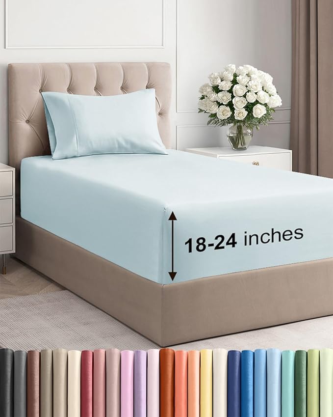 Extra Deep Pocket Twin Sheets - 3 Piece Breathable & Cooling Bed Sheets - Hotel Luxury Bed Sheet Set - Soft, Wrinkle Free & Comfy - Easily Fits Extra Deep Mattresses - Deep Pocket Ice Blue Sheets Set