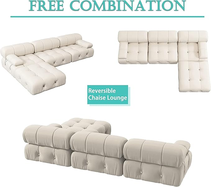 JACH L-Shaped Sectional Couch, 104'' Minimalist Velvet Floor Sofas Couches, Mid-Century Modular Sectional Sofa with Reversible Chaise Ottoman for Living Room, Apartment (3-Seat, 1 Ottoman, Beige)