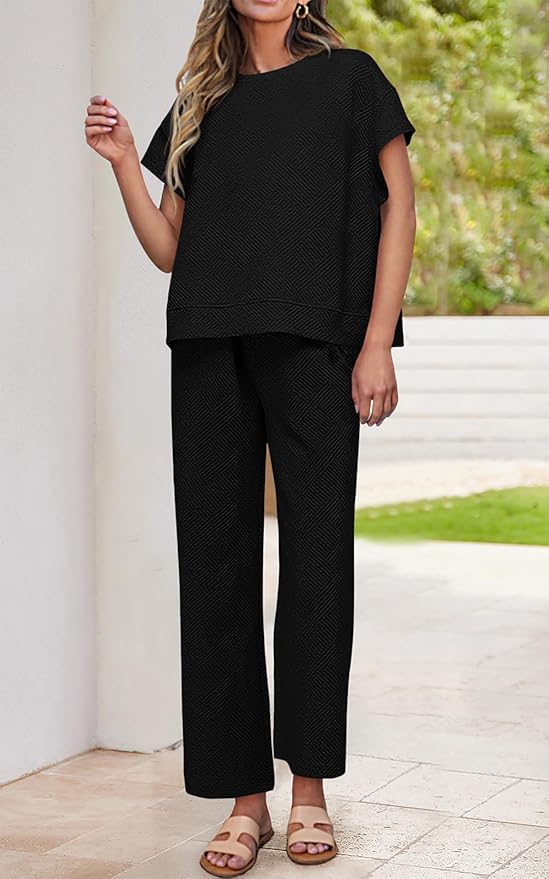 PRETTYGARDEN 2 Piece Outfits For Women Casual Tracksuit Short Sleeve Tops And Wide Leg Long Pants Matching Lounge Sets