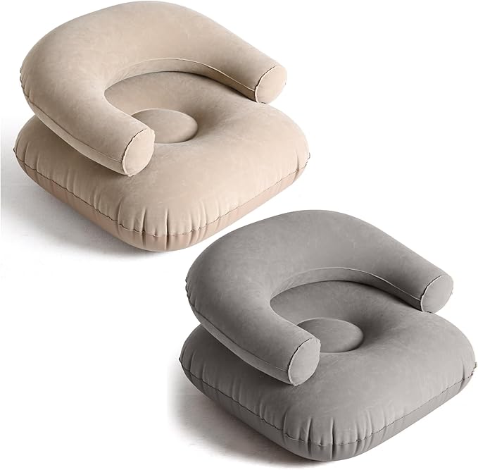 Threehoney 2 Pcs Inflatable Lounge Chair Deck Chair Lazy Sofa, Blow Up, Folding, Portable Couch for Home, Office Balcony, Floor Seating (Beige,Dark Grey)