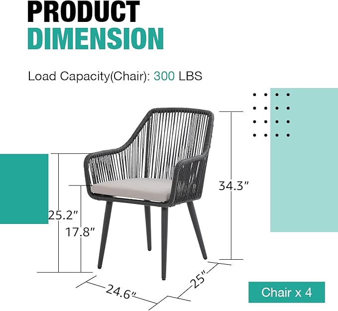 Patiorama Outdoor Dining Chairs, Patio Dining Chair Set of 4, All-Weather Woven Rope Rattan Chairs, Outdoor Dining Wicker Chairs with Armrests for Indoor Balcony Pool Backyard(Black)
