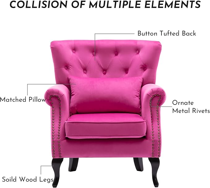 LZAREAL Accent Reading Arm Chairs Set of 2 for Living Room Bedroom, Midcentury Modern Comfy Corner Sofa Chair, Wingback Waiting Room Club Chair with Button Tufted Back &Lumbar Pillow, Velvet Rose