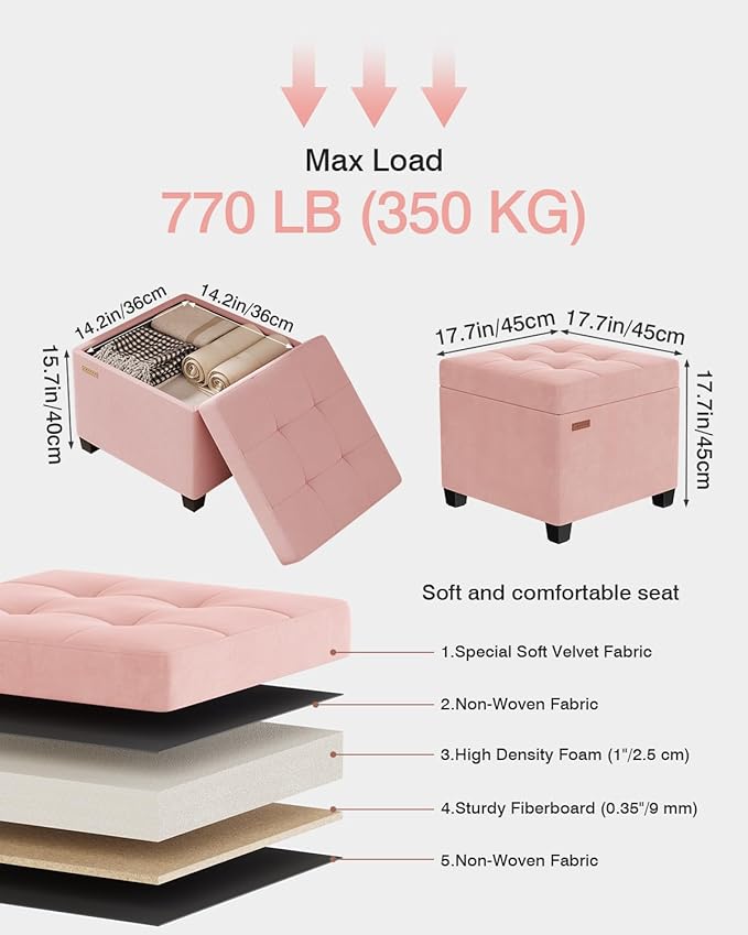 ABHENG 17.7 inches Velvet turfed Ottomans Cube with Storage, Metal-Framed Square Storage Ottoman Foot Rest Stool Holds 770 LB for Dorm Living Room Bedroom Pink UASND64P