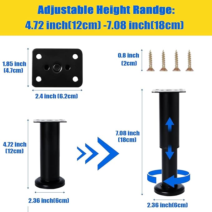 Olldag 6 PCS Adjustable Furniture Couch Cabinet Legs 4.72-7.48 Inch, Heavy Duty Adjustable Height Replacement Legs for Dresser/Sofa/Bed/Chair, Legs for Furniture Set of 6 (Black)