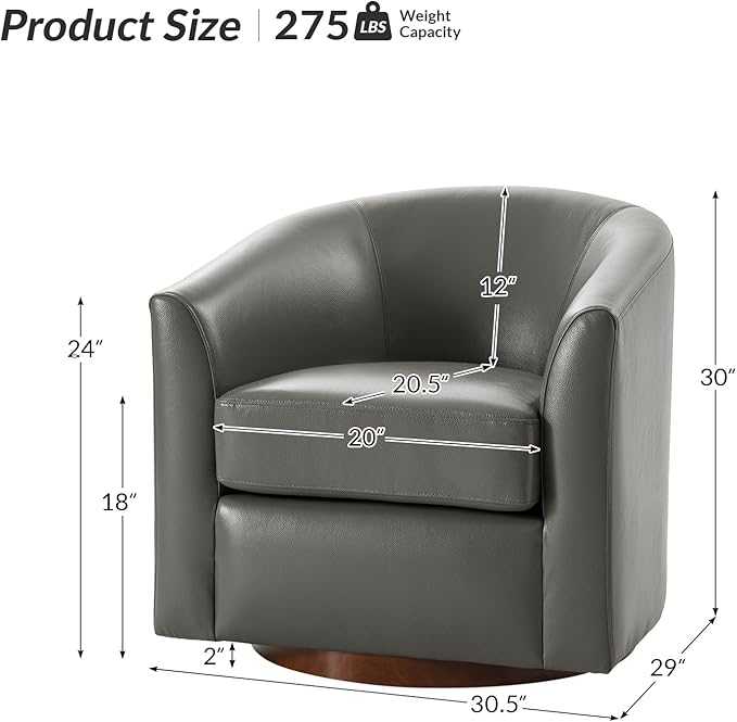 HULALA HOME Genuine Leather Swivel Accent Chairs Set of 2 with Solid Wood Base, Round Swivel Barrel Chairs for Living Room and Bedroom, No Assembly Required, Grey