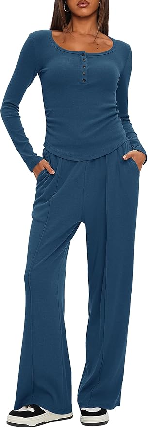 Darong Womens 2 Piece Matching Lounge Sets 2026 Long Sleeve Henley Shirts Wide Leg Pants Airport Travel Outfits