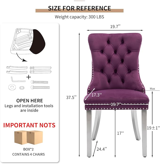 YeahFurn Mid Century Modern Dining Chairs Set of 4, Purple Velvet Upholstered Tufted Back, Kitchen & Dining Room Chairs, Brushed Silver Metal Legs, Nailhead Trim, Sillas para Comedor (Purple, 4 Pcs)