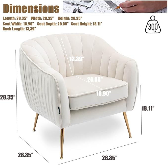 Altrobene Velvet Accent Chair, Modern Barrel Chair, Living Room Bedroom Arm Chairs, Golden Finished, Beige