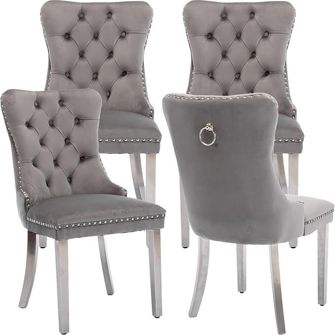 YeahFurn Mid Century Modern Dining Chairs Set of 4, Grey Velvet Upholstered Tufted Back, Kitchen & Dining Room Chairs, Brushed Silver Metal Legs, Nailhead Trim, Sillas para Comedor (Gray, 4 Pcs)