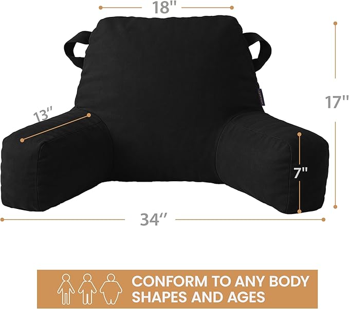Unisakey Portable Comfy Reading Pillows for Bed Sitting Up(Black Oeko-Tex), Velvet Back Pillow with Arms & Pockets for Adults, Support Memory Foam Bed Pillow for Dorm/Reading/Watching/Gaming