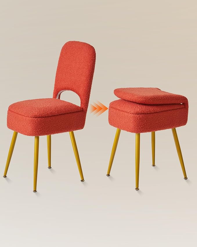 IBUYKE Small Storage Vanity Stool with Folding Backrest, 12.99" x 13.78" x 31.5" Square Teddy Velvet Ottoman, Makeup Chair for Living Room, 4 Metal Legs with Anti-Slip Feet, Orange WBD027J